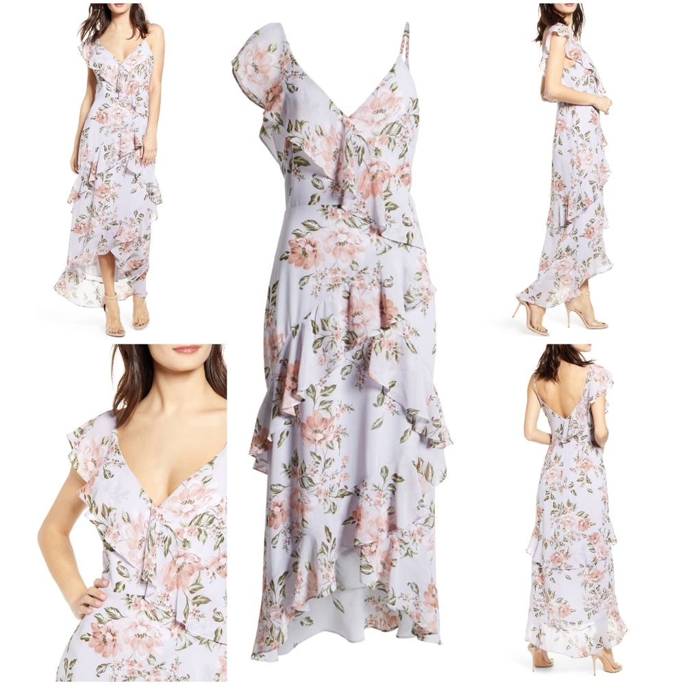 NWT Tiered Ruffle Asymmetrical Sleeve Maxi Dress
